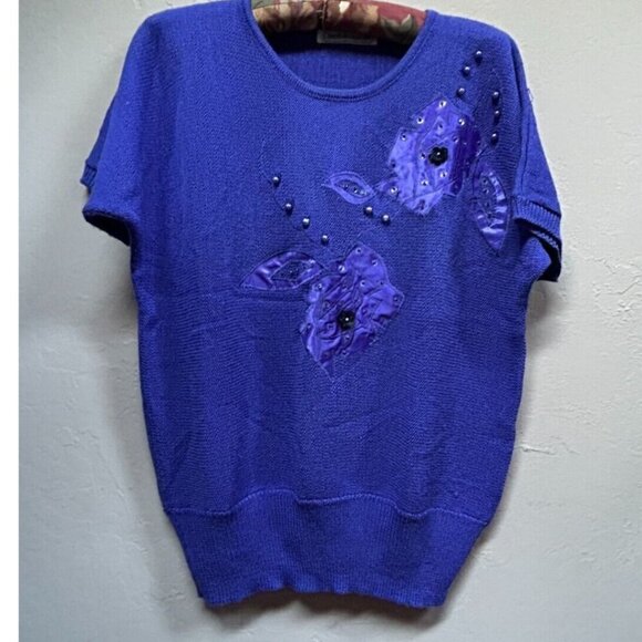 San Huwn Jean Jir Womens Knitted Wool Beaded Sequined Sweater Top Stretch Blue - Picture 1 of 7